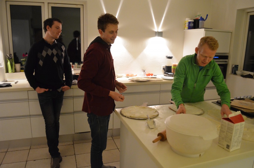 Luke, Kelton (our host in Copenhagen), and Bo (Kelton's host in Copenhagen) making pizza
