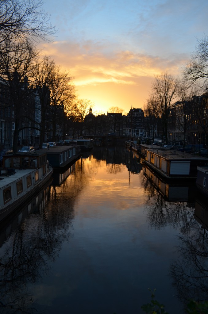 Sunrise over an Amsterdam canal