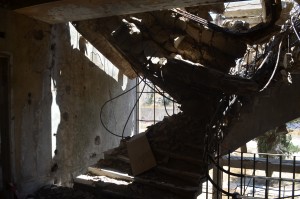 Bombed staircase in Syrian command bunker at Quneitra; Israel-Syria border